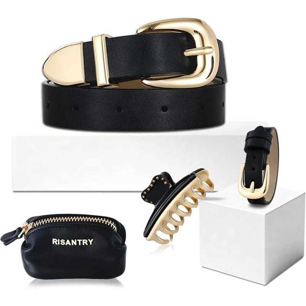 RISANTRY Women Accessory Gift Set Black Gold Belt Bracelet Hair Clip Pouch Box